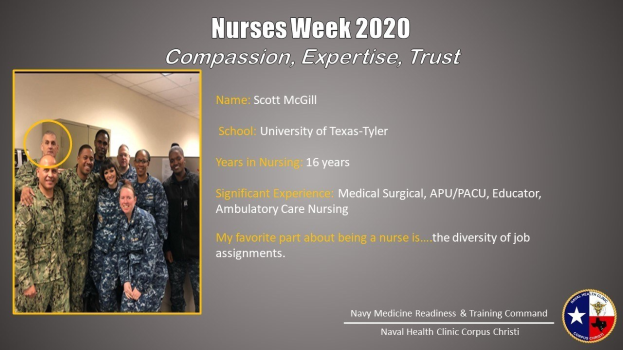 Eine Gruppe von Menschen, die auf der linken Seite lächeln, mit einer Wand und einer Decke im Hintergrund, und ein Text, der "Nurses Week 2020: Mitgefühl, Expertise, Vertrauen" lautet, mit einem Logo auf der rechten Seite.