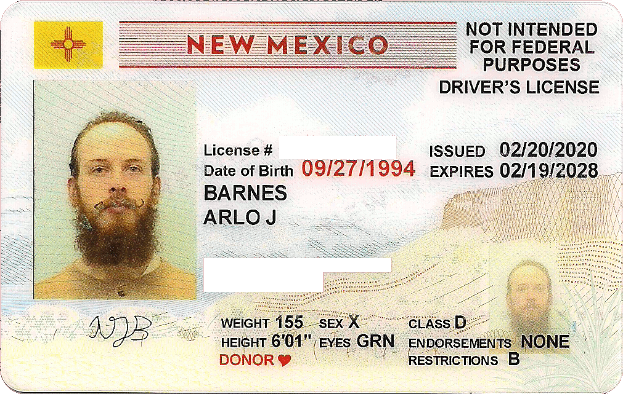 Ein New Mexico Führerschein mit einem Mannsgesicht, Text und Zahlen.