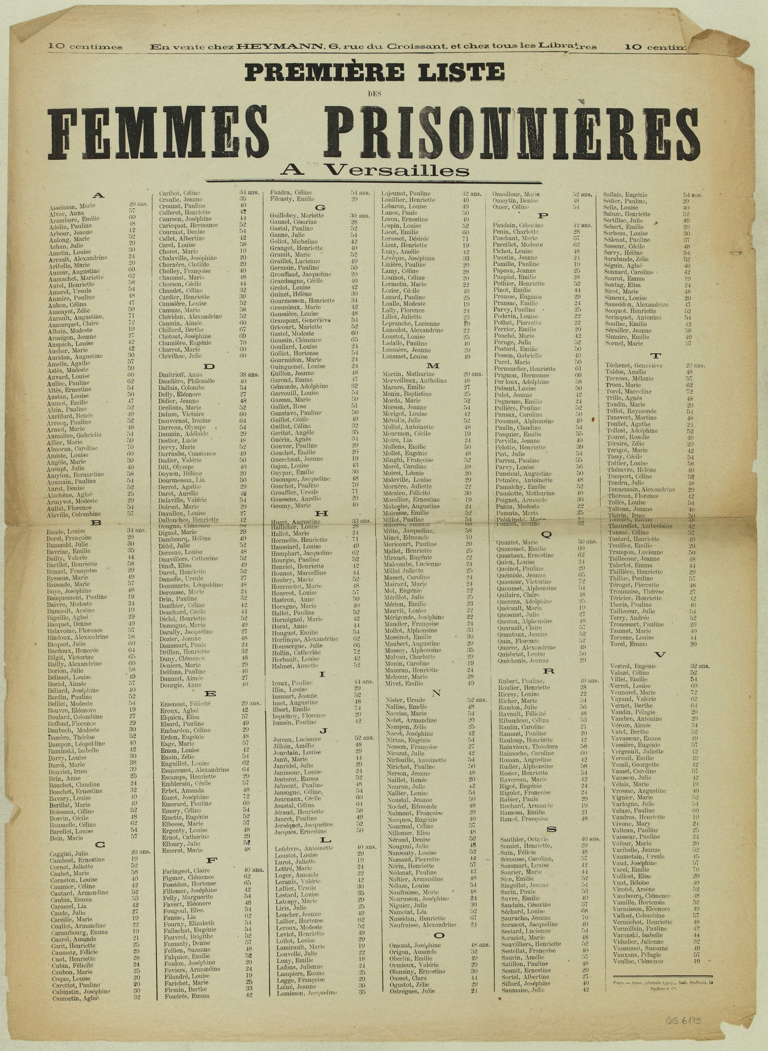 Gelbliches altes Buch mit Namen weiblicher Gefangener in zwei Spalten, mit schwarzer Tinte auf altem Papier.