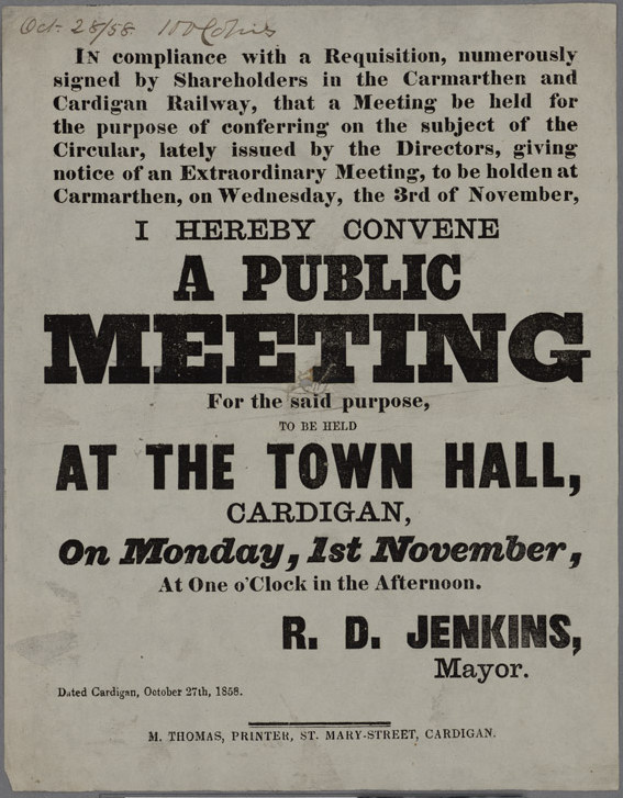 Eine Ank├╝ndigung f├╝r eine ├Âffentliche Versammlung im Rathaus in Cardigan am Montag, den 1. November 1858, mit Text, der ├╝ber das Ereignis informiert.