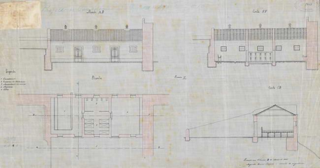 Ein detailliertes architektonisches Zeichnung eines mehrfenstrigen Gebaudes, das als neue Schule identifiziert wird, mit umfassenden Layoutplänen und Text.