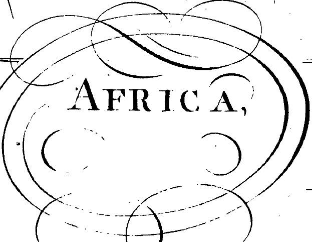 Eine Schwarz-Weiß-Zeichnung des Wortes "Afrika" in fetter Schrift in der Mitte eines Kreises, umgeben von komplexen Designs und verschiedenen Formen.