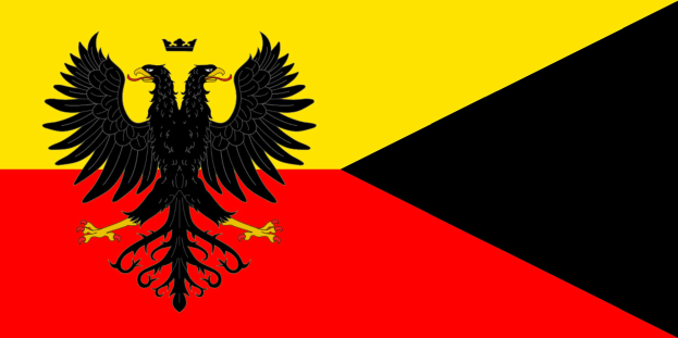 Deutsches Flagge mit einem schwarzen Doppeladler in der Mitte auf rot, gelb und schwarzen horizontalen Streifen.