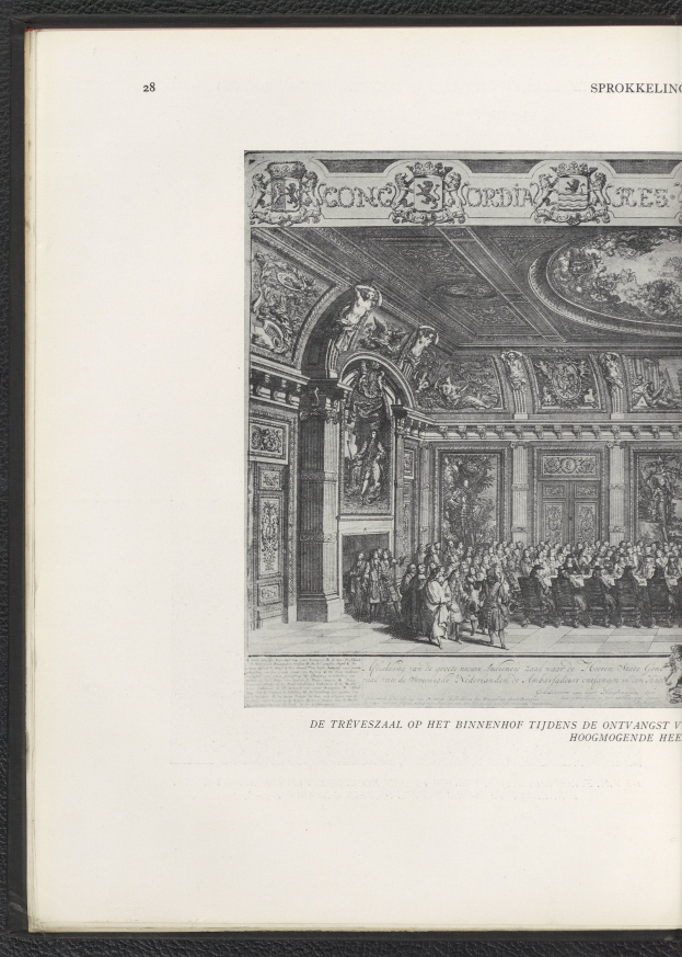 Offenes Buch mit detaillierten Illustrationen eines vollen Raums mit Menschen, Skulpturen und Text, der eine lebendige soziale Atmosphäre vermittelt.