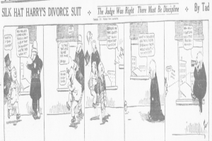 Ein Cartoon von einem Mann in einem schwarzen Anzug und einer Frau in einem Kleid mit einem schwarzen Schultertuch, beide mit ernsten Gesichtern, die etwas Wichtiges besprechen, mit dem Text 'Scheidungsklage' auf dem Bild.