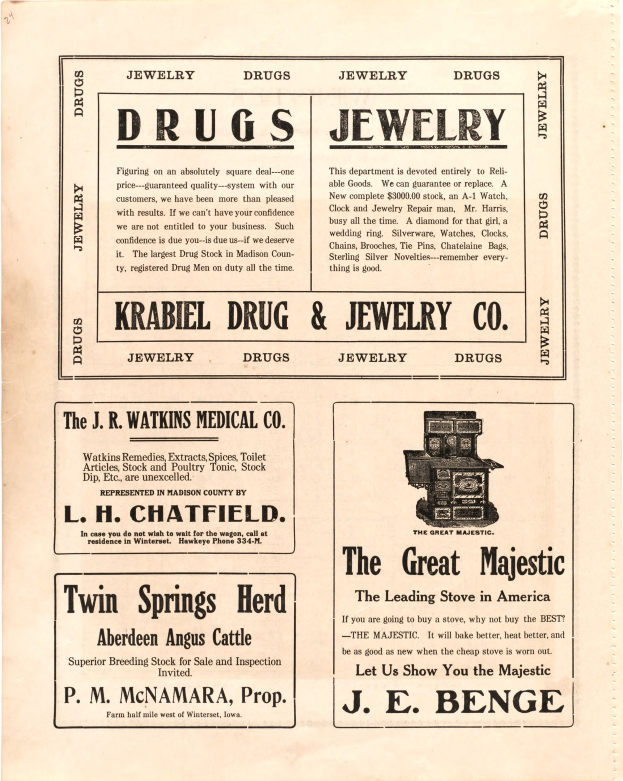 Schwarz-weiß-Werbekatalog für eine Drogerie und Juweliergeschäft, das eine Liste von Artikeln anzeigt.