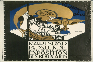 Plakat für die Karlsbader Posthof-Ausstellung der Beaux Arts mit einer Person in einem weißen Kleid mit einem blauen und weißen gemusterten Schal vor einem hellgelben Hintergrund, umgeben von fettgedrucktem schwarzem Text in einem weißen Rand.