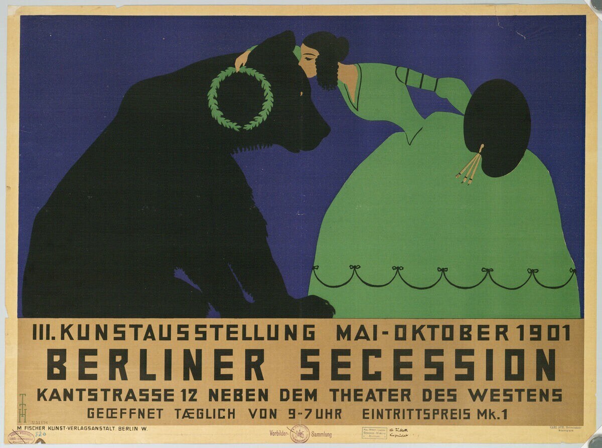 Plakat der Berliner Secession mit einer Frau in grünem Kleid und einem Mann in schwarzem Anzug