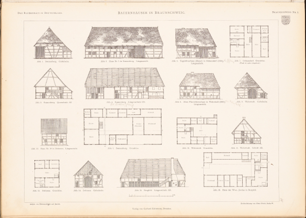 Ein aufgeschlagenes altes Buch mit Architekturhausplänen und -entwürfen mit begleitendem Text.