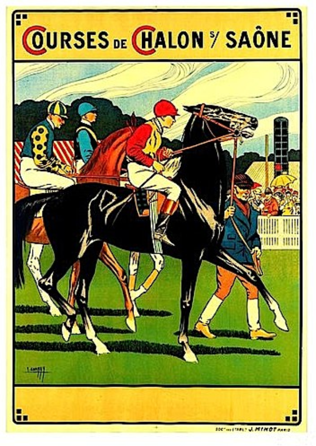 Plakat, das ein Pferderennen mit Jockeys auf Pferden zeigt, umgeben von einer Menge hinter einem Zaun, mit Bäumen und einem bewölkten Himmel im Hintergrund, mit Text über die Rennstrecken.