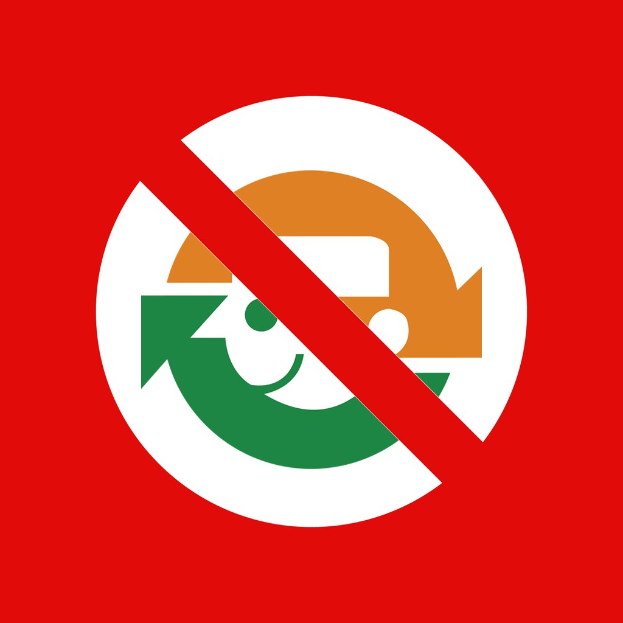 Ein rotes und weißes Schild mit schwarzer Schrift, auf dem steht "Keine Wiederverwertung" und ein Pfeil nach rechts zeigt.