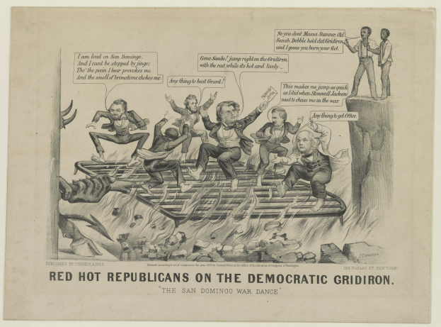 Ein Blatt Papier mit einer Zeichnung von verzweifelten roten Figuren, die als "Republikaner" auf einem "Demokraten"-Raster markiert sind, mit fetter schwarzer Schrift, die die Situation betont.