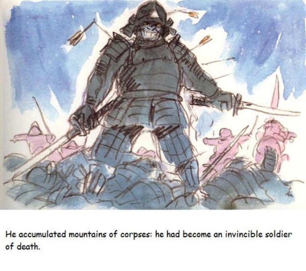 Ein Soldat steht in der Mitte des Bildes mit einem Berg von Kursen hinter ihm, symbolisierend seine Unbesiegbarkeit.