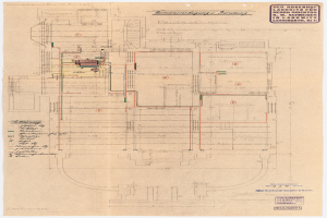 Schwarze und weiße architektonische Zeichnung des Rosenhof-Krankenhauses in Hamburg, Deutschland, die detaillierte Layouts mit Zimmern, Fluren und umfangreiche Verdrahtung an der Gebäudeaußenseite zeigt.