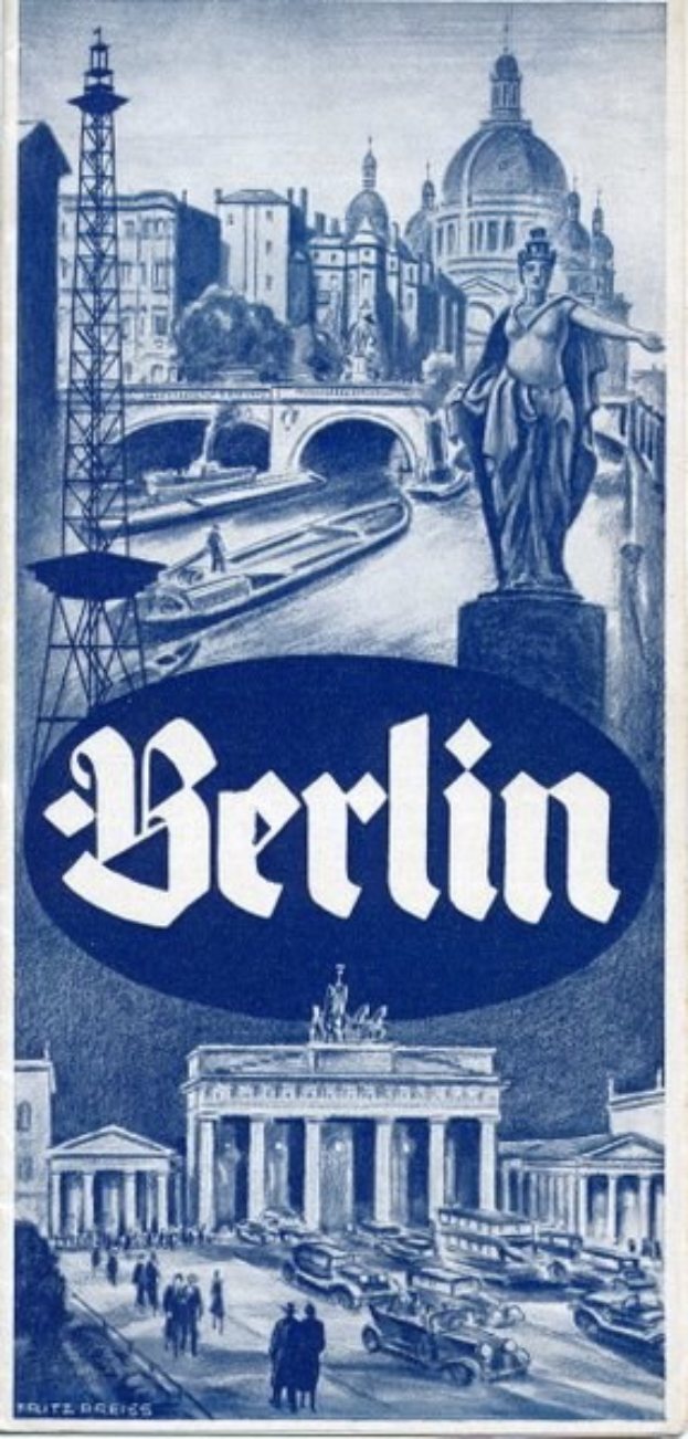 Plakat, das Berlin, Deutschland, zeigt, mit einer Statue, Gebäuden, einem Turm, Menschen, Fahrzeugen auf der Straße und einer Brücke, sowie Text, der Informationen über die Stadt enthält.