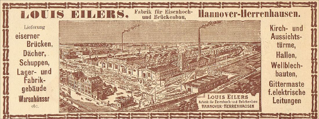 Eine alte Werbung für die Louis Eilers Hannover-Herrenhausen-Fabrik, die das Fabrikgebäude mit Textüberlagerung zeigt.