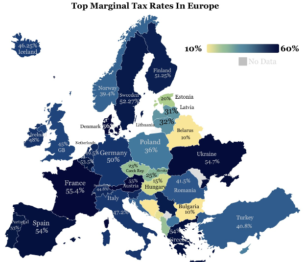 Eine Europakarte, die die Spitzensteuersätze in den Ländern zeigt, mit der Überschrift "Spitzensteuersätze in Europa" oben.
