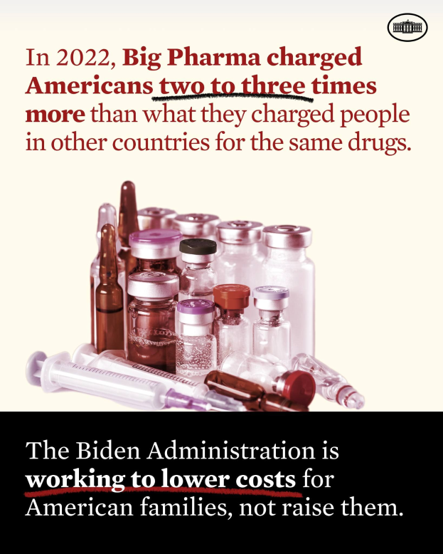 Plakat mit Text, der besagt, dass Big Pharma 2022 Amerikaner zwei bis drei Mal mehr für dieselben Medikamente berechnete als andere Länder, mit Flaschen und einer Spritze.