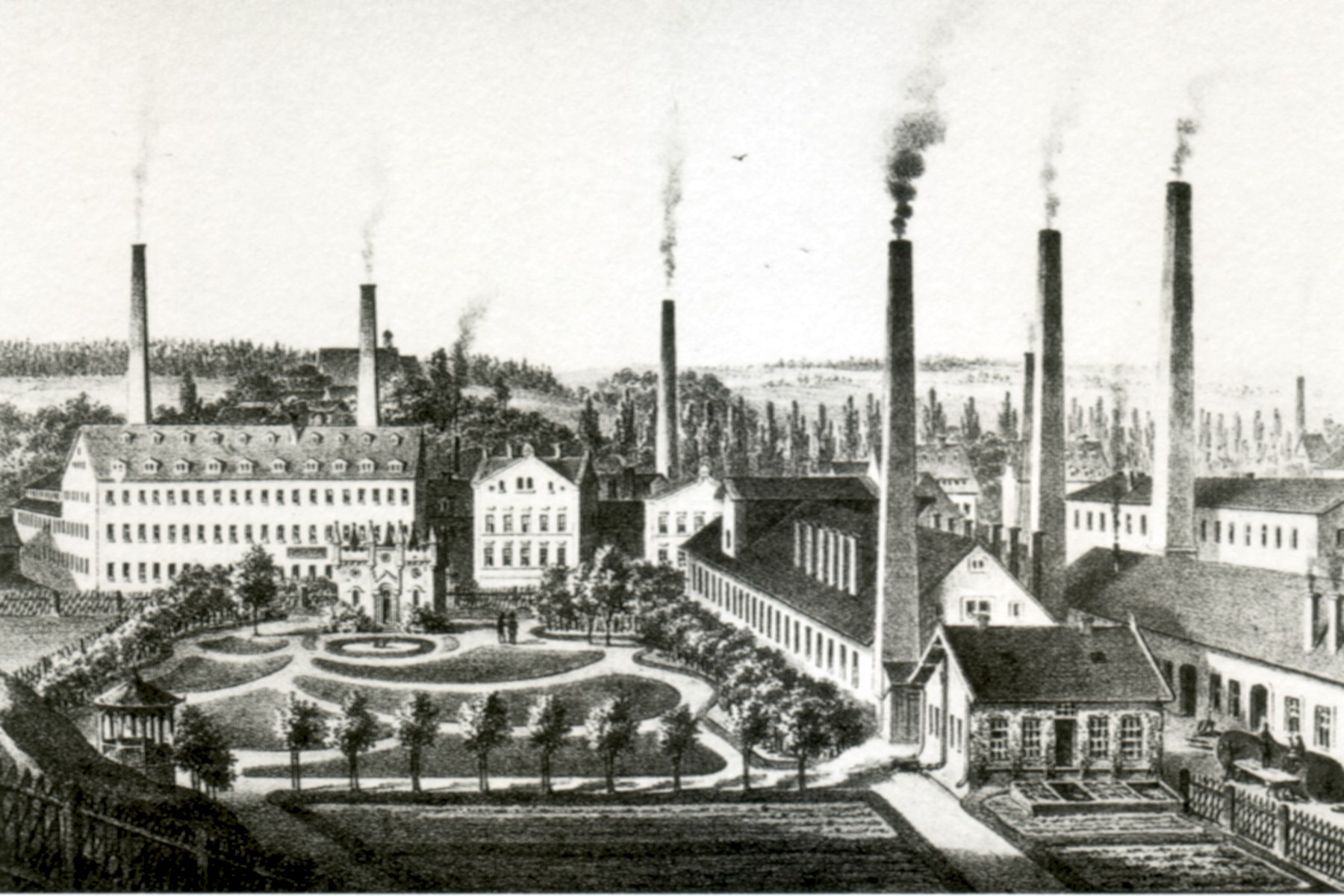 Eine Schwarz-Weiß-Zeichnung eines Fabrikgebäudes mit Rauch, der aus seinen Schornsteinen aufsteigt, umgeben von Gebäuden, Bäumen, Pflanzen, Gras und einem Zaun, mit dem Text "New York State Penitentiary" unten.