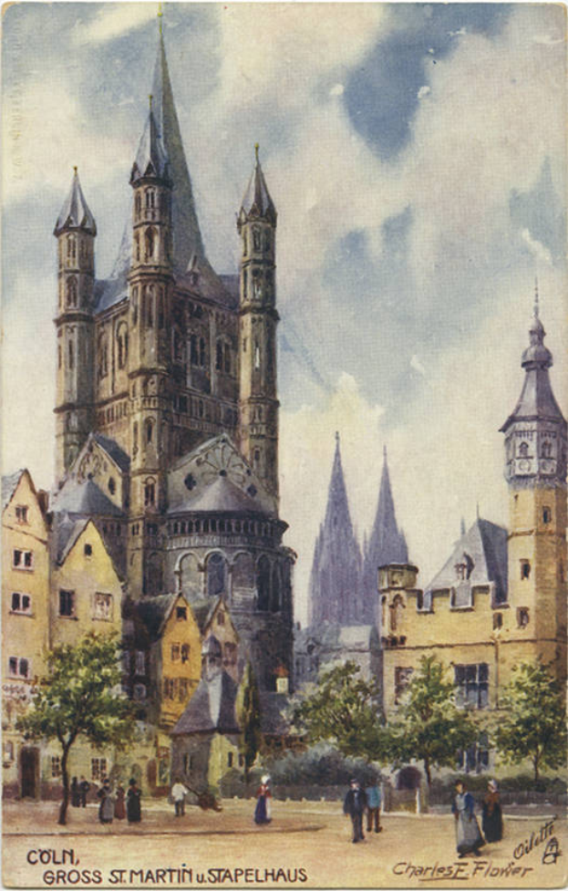 Eine alte Postkarte zeigt die St. Martinskirche in St. Paul, Deutschland, umgeben von Gebäuden, Bäumen und Menschen, mit einem bewölkten Himmel im Hintergrund und Text unten.