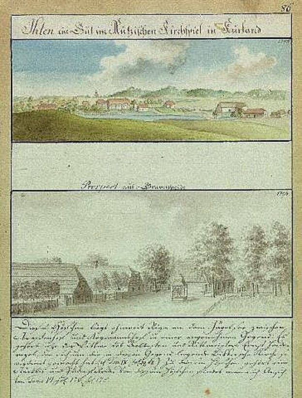 Eine handgezeichnete Illustration eines Dorfs mit Bäumen, Häusern, Gras und Wolken, betitelt "München, Deutschland, 1750-1790, Landschaft mit Blick auf die Stadt München" auf altem Papier.