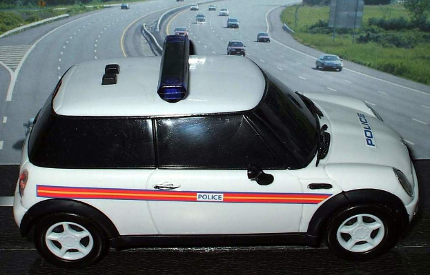 Ein weißes Polizeiauto steht im Vordergrund mit vielen Autos, die sich auf der Straße dahinter bewegen, umgeben von Gras und Bäumen auf beiden Seiten, in einer ländlichen Umgebung.