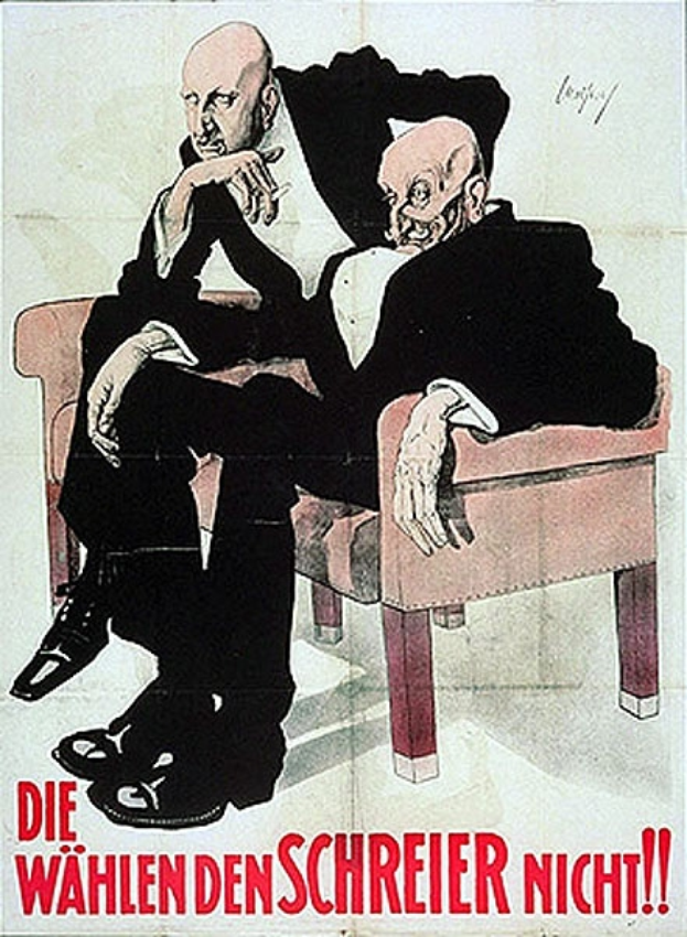 Ein deutscher Propagandaplakat für die NSDAP, das zwei Männer auf einem Sofa zeigt, mit Text, der parteiinterne Informationen enthält.