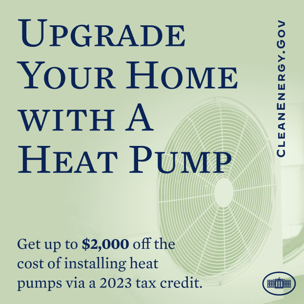 Plakat zur Werbung von Heizpumpen-Upgrades, das ein Bild einer Heizpumpe und den Text "Upgrade Your Home with a Heat Pump" zeigt.