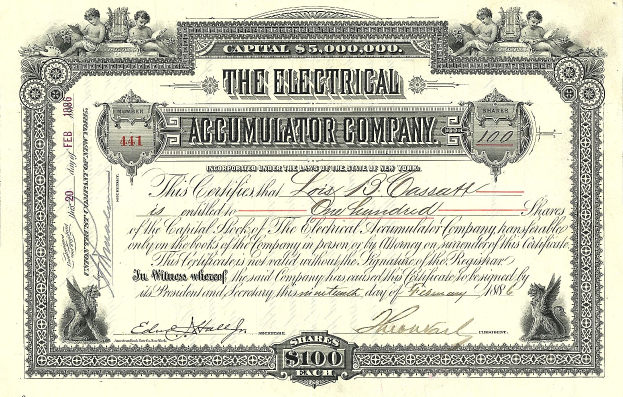 Aktienchein eines Elektroakkumulator-Unternehmens mit detaillierten Designs, das den Text "The Electrical Accumulator Company" trägt.