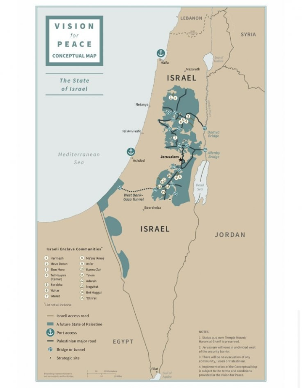 Plakat mit der Aufschrift "Vision für Frieden Konzeptkarte", das eine farbcodierte Karte Israels mit fetter schwarzer Schrift zeigt.