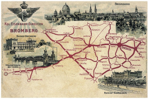 Ein detailliertes Vintage-Stil-Kartenposter von Bromberg, Deutschland, das Straßen, Gebäude, Bäume, eine Brücke und informativen Text über die Geschichte und Sehenswürdigkeiten der Stadt zeigt.