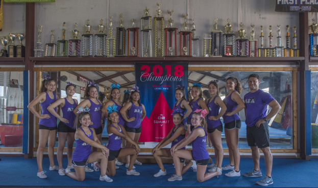 Eine Gruppe von Cheerleadern in lila T-Shirts und schwarzen Shorts posiert vor einem Vitrinenschrank mit einer '2018 Summit Cheerleading Champions'-Banner im Hintergrund.