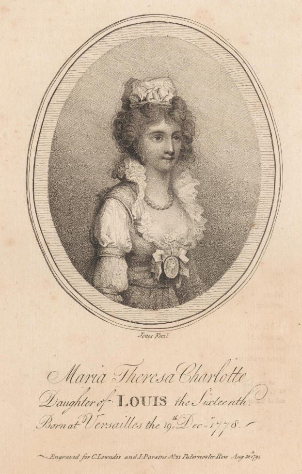 Porträt von Maria Theresia Charlotte, Tochter von Ludwig XVI., in einem weißen Kleid mit blauer Schärpe und weißer Haube, mit einem Knoten im Haar, sanftem Gesichtsausdruck und der Inschrift "Maria Theresia Charlotte" unten.