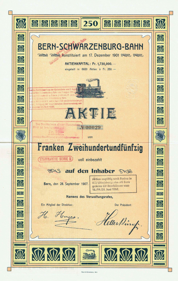 Ein altes Aktienzertifikat der deutschen Regierung von Bern-Schwarzenburg-Bahn, das Text und eine Illustration eines Zugs enthält.