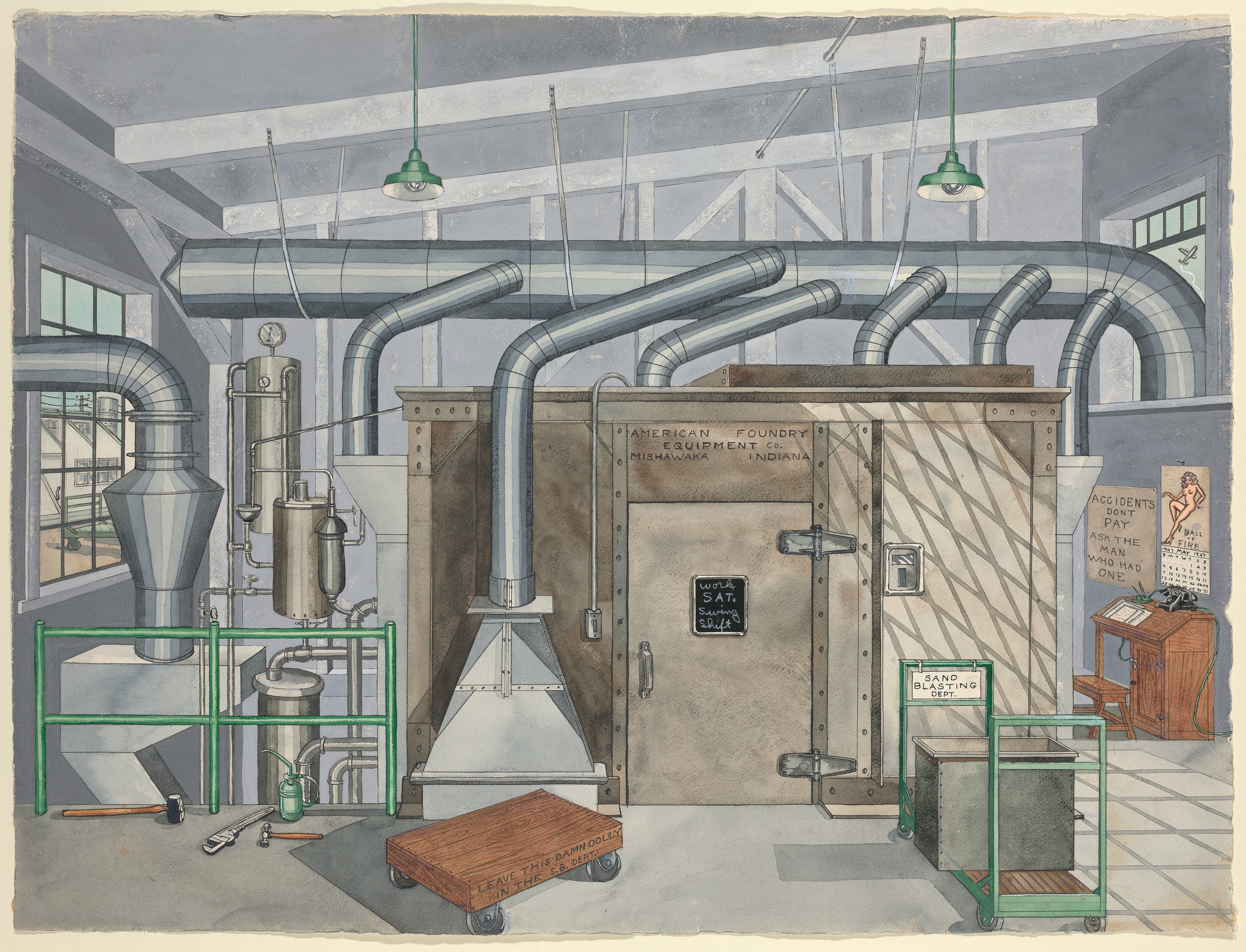 Eine Zeichnung einer Fabrik mit einer großen zentralen Maschine, umgeben von verschiedenen Geräten, einem Wagen, einem Tisch, einem Stuhl, einer Tafel mit der Aufschrift "American Foundry Equipment Co, Indiana", Fenstern und Deckenlampen.