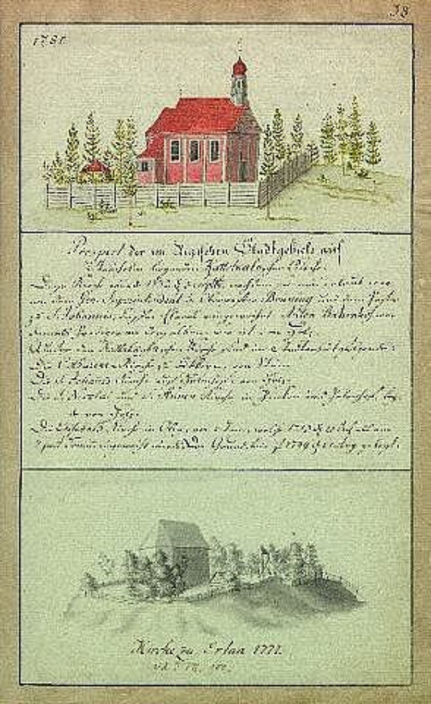 Eine Buchseite mit einer Illustration eines roten Hauses umgeben von Bäumen und einem Zaun, mit dem Text 'Deutsche Schule in den Niederlanden, 1777'.