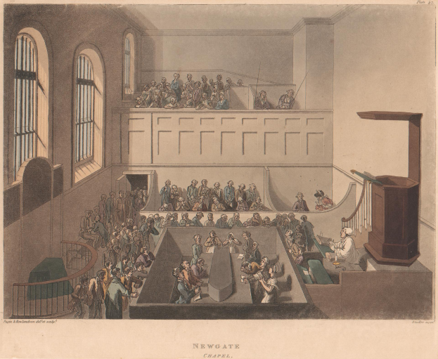 Eine Zeichnung eines Gerichtssaals mit Menschen auf St├╝hlen und Stehpl├Ątzen, einem Podium mit Mikrofon auf der rechten Seite, Fenstern auf der linken Seite und Text unten.