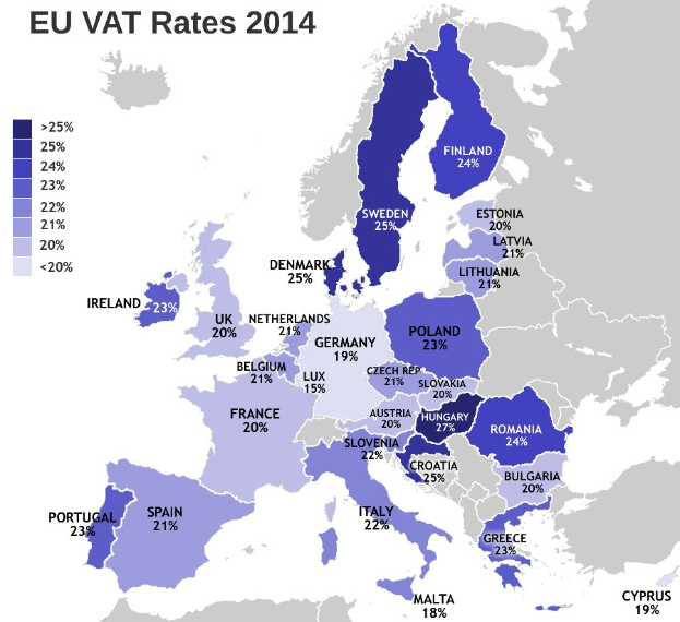 Eine Europakarte, die die EU-VAT-Sätze von 2014 in Prozent und Text anzeigt.