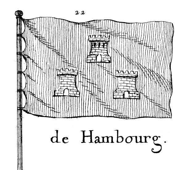 Eine Schwarz-Weiß-Zeichnung einer Flagge mit den Worten "de hamburg" darauf, befestigt an einem Pfahl, mit Text am unteren Rand des Bildes.