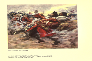 Eine Gruppe verzweifelter Menschen, einige schauen ängstlich nach oben und andere niedergeschlagen nach unten, auf einem Plakat mit dem Titel 'Der Tod von Wolfe' in gedämpften Farben.