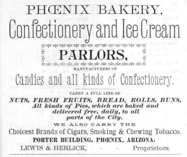 Phoenix Bakery confectionery and ice cream advertisement with text on paper.
