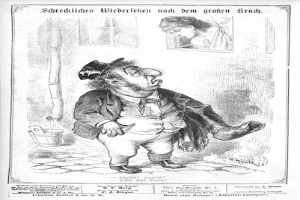 Cartoon eines Mannes mit Zylinder und einer Frau in einem Kleid mit einer Wand, Fenster, Eimer und anderen Gegenst├Ąnden im Hintergrund; Text unten lautet "F. J. Singer, der erste deutsche Politiker, der in den Kongress gew├Ąhlt wurde".