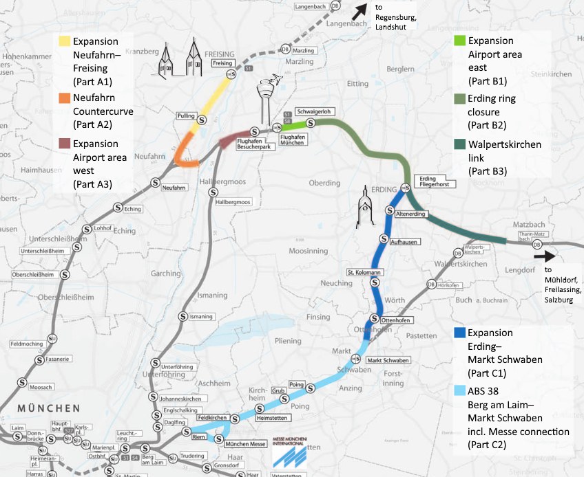 Karte einer Stadt mit einer hervorgehobenen Bahnroute von München nach Frankfurt, die Haltestellen, die Umgebung und Bahn Details wie Länge und Entfernung zeigt.