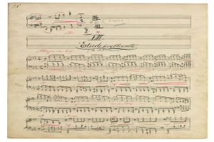 Ein altes Notenblatt mit Musiknoten und Text auf einem weißen Hintergrund, der altmodisch wirkt.