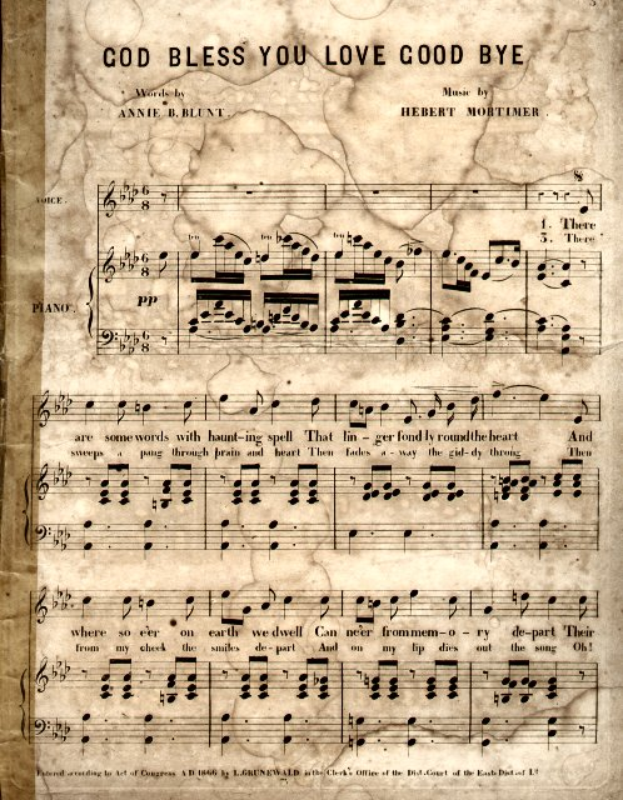 Ein altes Notenblatt mit der Überschrift 'God Bless You Love Good Bye' und musikalischen Noten und Symbolen, die die Melodie und den Rhythmus des Liedes angeben.