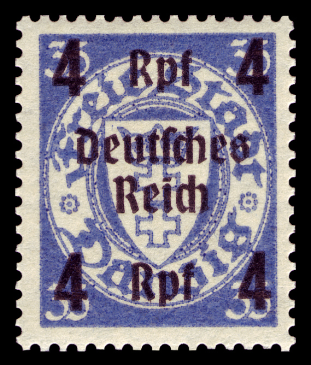 Ein blaues und weißes Poststempel mit den Worten "Deutsches Reich" darauf vor einem schwarzen Hintergrund.