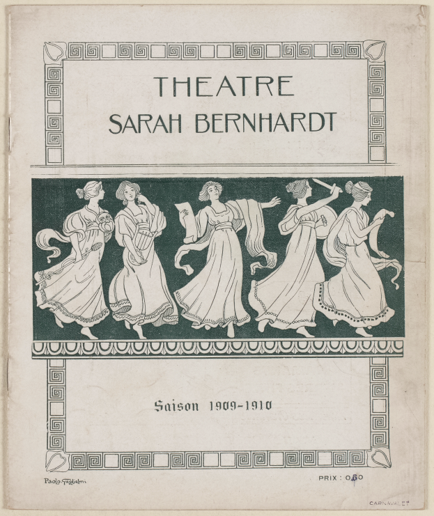 Ein Vintage-Plakat des Théâtre Sarah Bernhardt aus dem Jahr 1909-1910, das eine Gruppe von Frauen in der Mitte und Text zeigt, der das Theater und seine Künstler beschreibt.