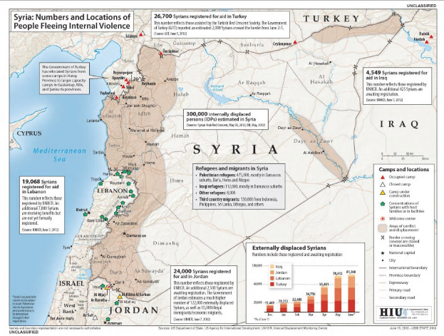 Ein Plakat mit einer Karte von Syrien mit Daten über Binnenflüchtlinge aufgrund von Gewalt, begleitet von Text und Grafiken.