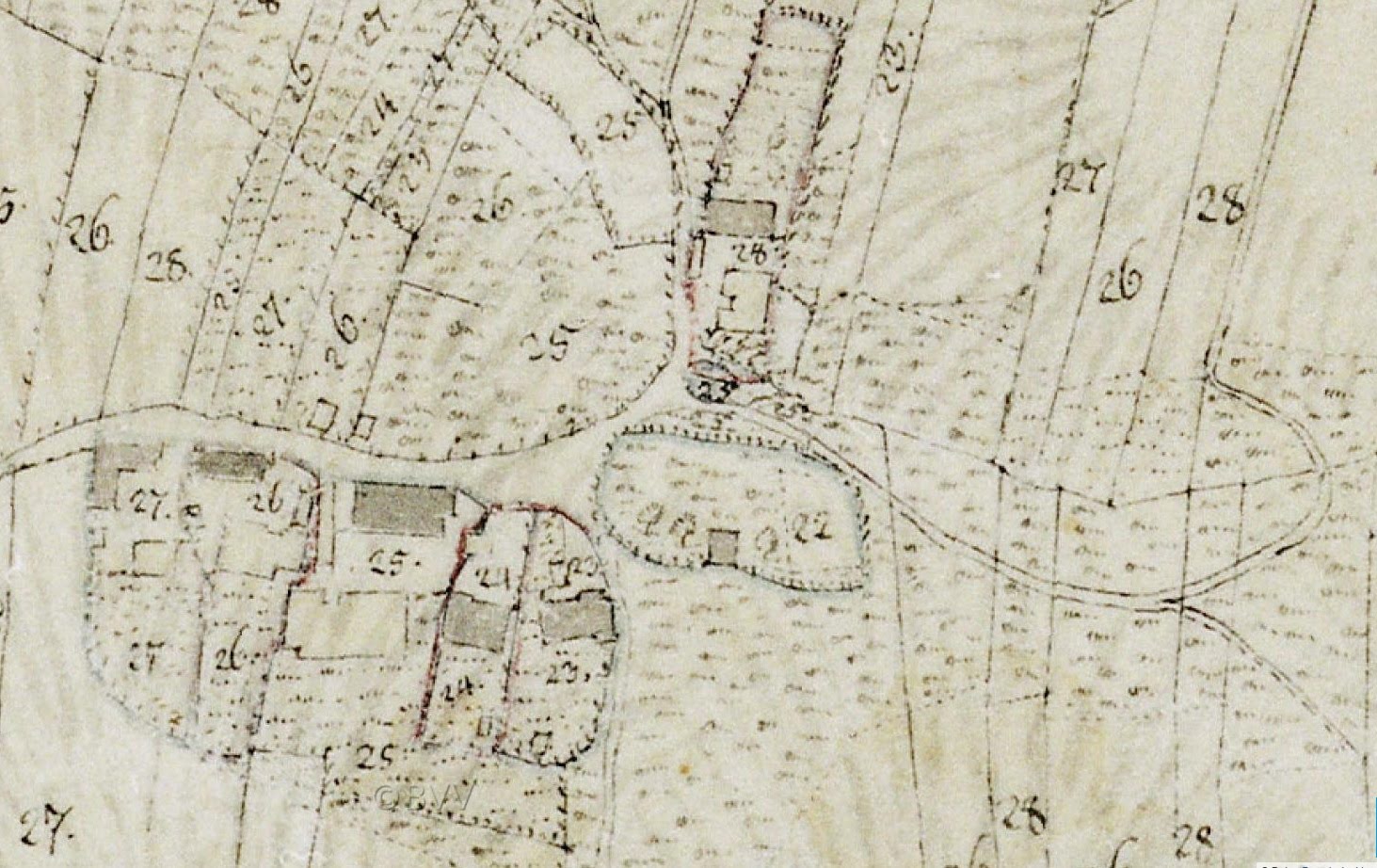 Ein detaillierter alter Stadtplan mit Gebäuden, Straßen und Text, der eine geplante Entwicklung am unteren Rand anzeigt.