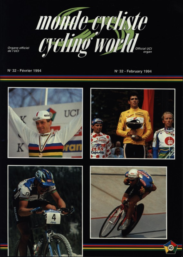 Ein Plakat der Zeitschrift Monde Cycliste Cycling World vom Februar 1994, das vier Radfahrer mit Helmen auf Fahrrädern zeigt, mit dem Zeitschriftennamen oben.